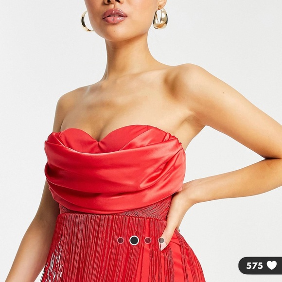 ASOS DESIGN petite cowl bandeau fringed mini dress in red - Picture 2 of 6